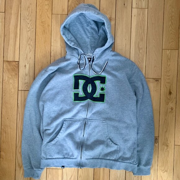 Y2K DC Fullzip Hoodie Men's Medium Gray Sweater Big Logo Embroidered Skating 00s - Picture 1 of 6